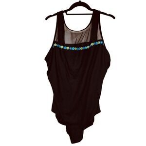 Vintage Basic Editions Black Swimsuit,‎ Size 22W, One Piece Mesh Top Daisies NEW